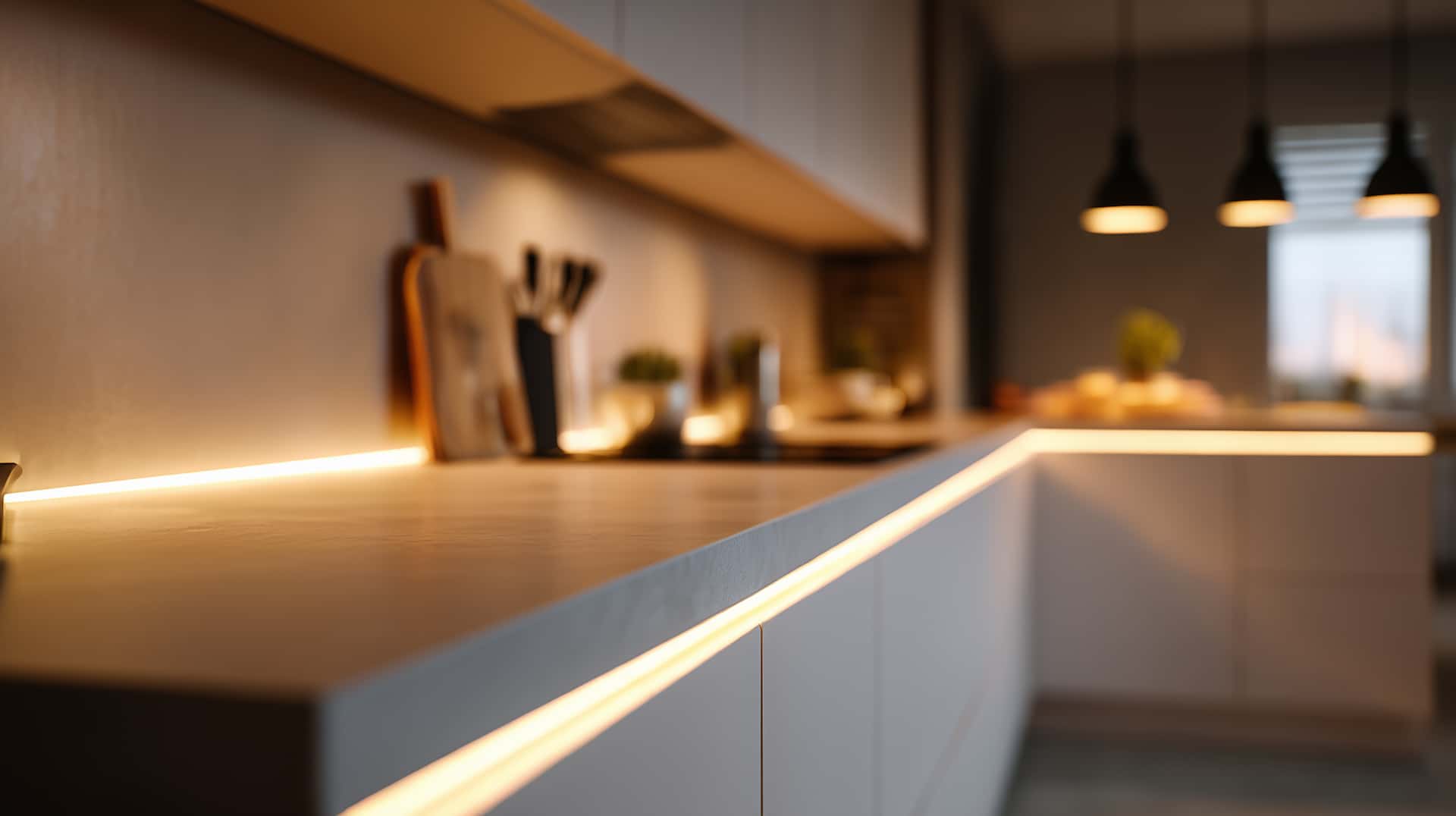 Moderni keittiö LED-työtasovalaistuksella