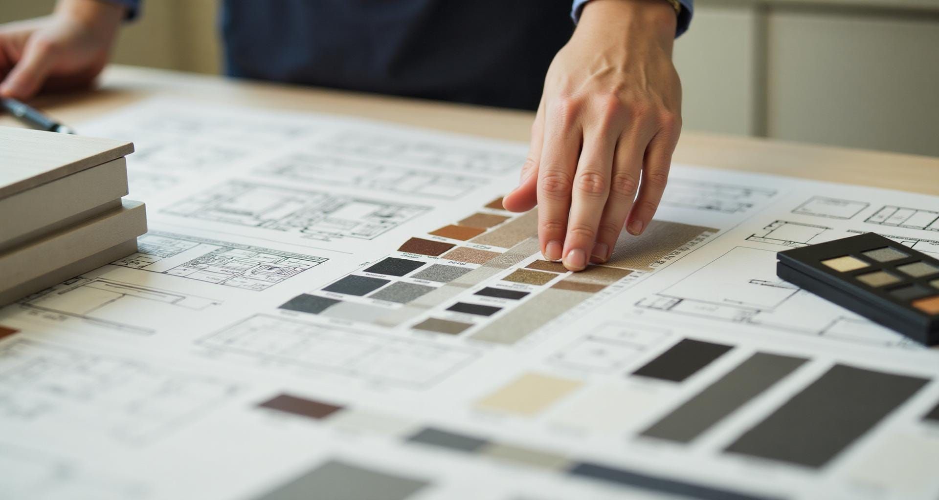Keittiöremontin suunnittelua piirustuksilla ja materiaalinäytteillä