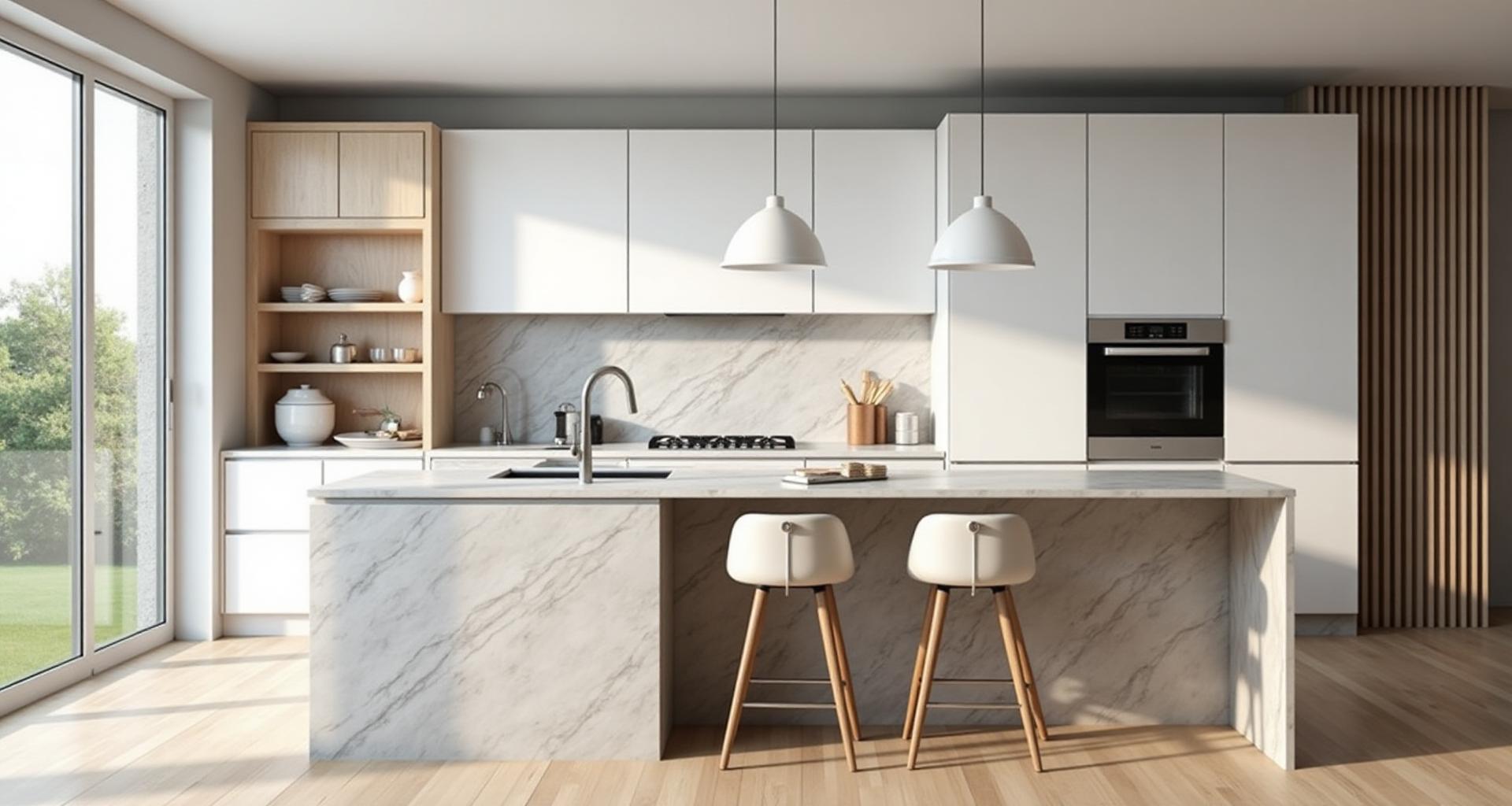 Moderni keittiö valkoisilla kaapeilla ja marmoripöydällä remontin jälkeen