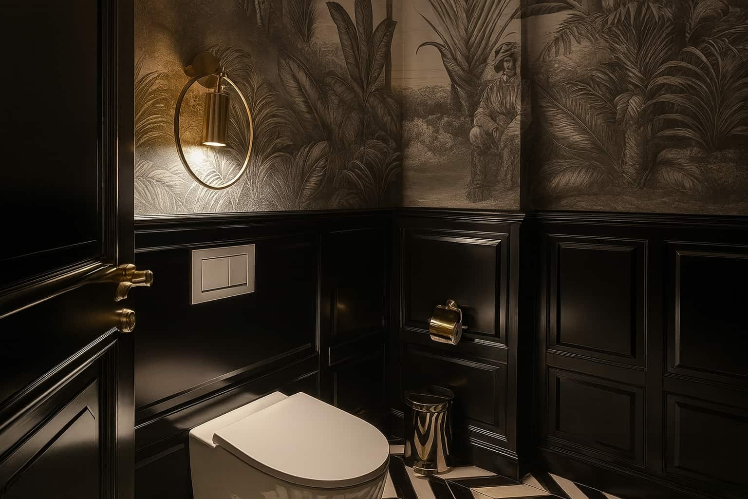 Tummasävyinen wc-tila, jossa koristeelliset paneeliseinät ja messinkiset yksityiskohdat