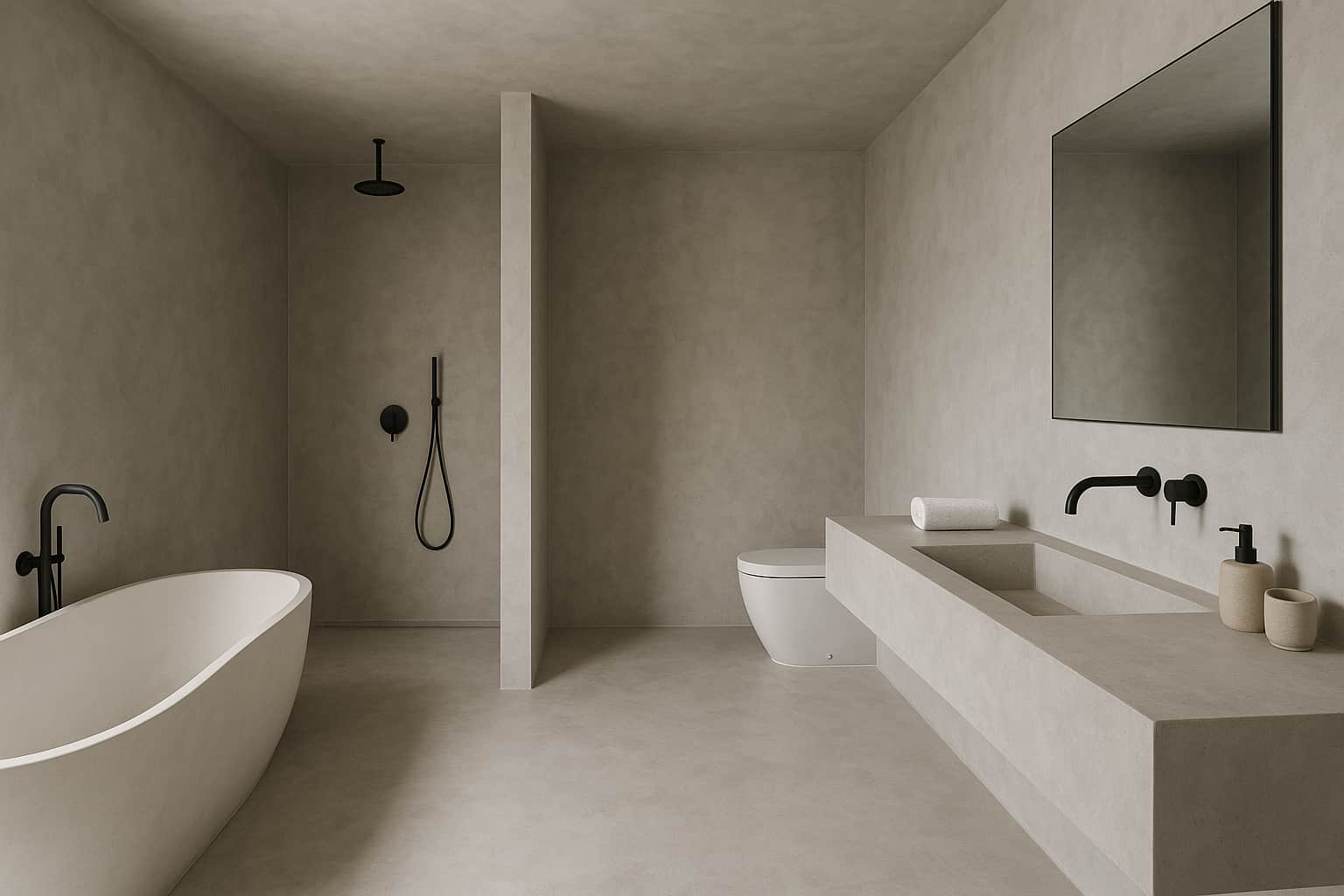 Minimalistinen vaalea kylpyhuone, jossa mikrosementtipinnat, kylpyamme ja mustat hanat
