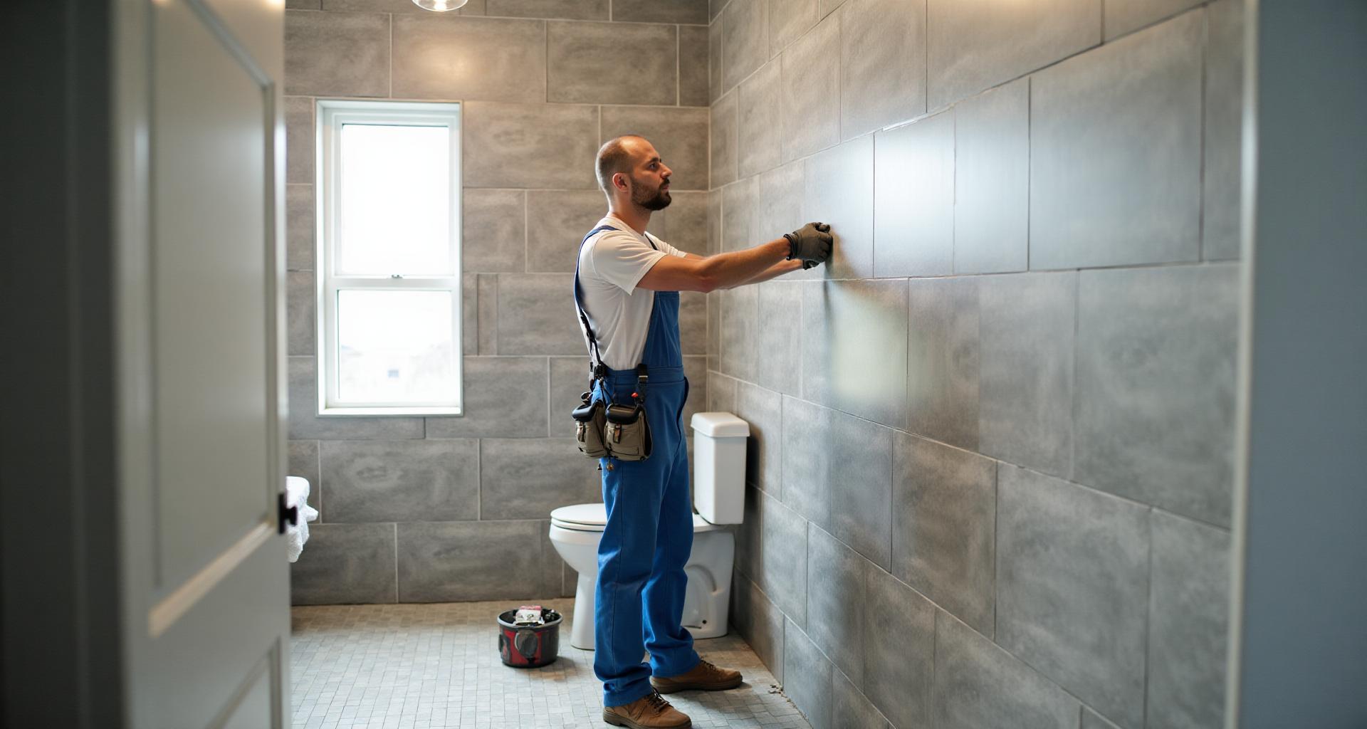 Ammattilainen asentamassa laattoja kylpyhuoneeseen remontin aikana