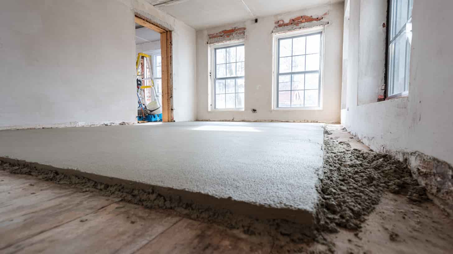 Lattian tasoitustyö käynnissä – tasoitemassa levitetty lattialle