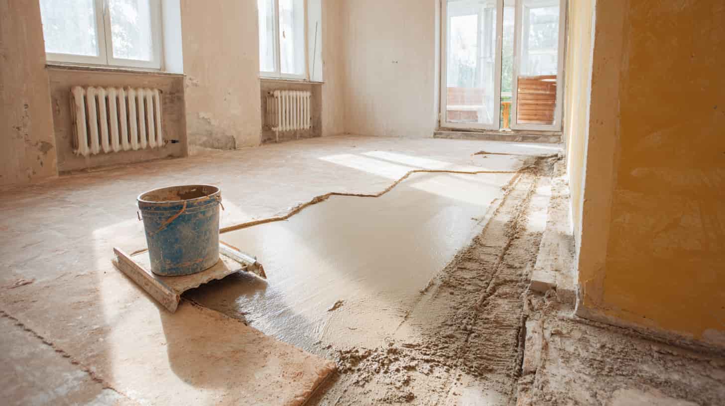 Lattian tasoitus vanhassa asunnossa – ämpäri ja työkalut työmaa-alueella