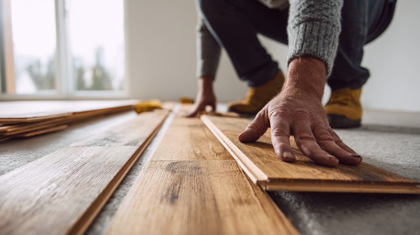 Lattiamateriaalien vertailu 2026 – ammattilainen asentamassa parkettia