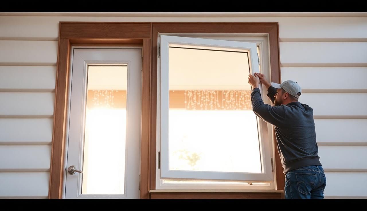 Ovien ja ikkunoiden vaihto – ammattilainen asentamassa uutta ikkunaa