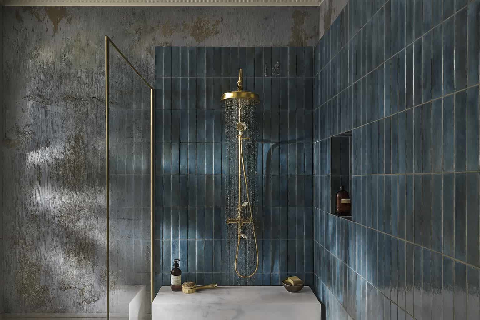 Pieni kylpyhuone, jossa vaaleat laatat, lasinen suihkuseinä ja seinälle nostettu säilytys