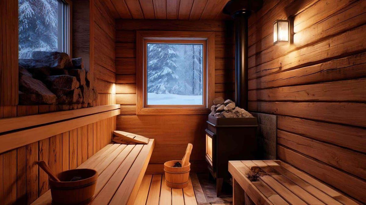 Moderni, puupaneloitu sauna, jossa on uusi kiuas ja lauteet