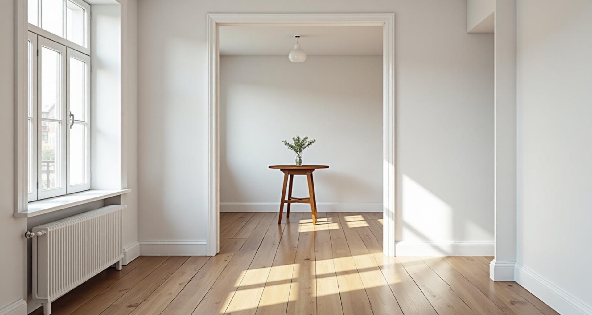 Remontoitu sisätila vaaleilla seinillä ja puulattioilla