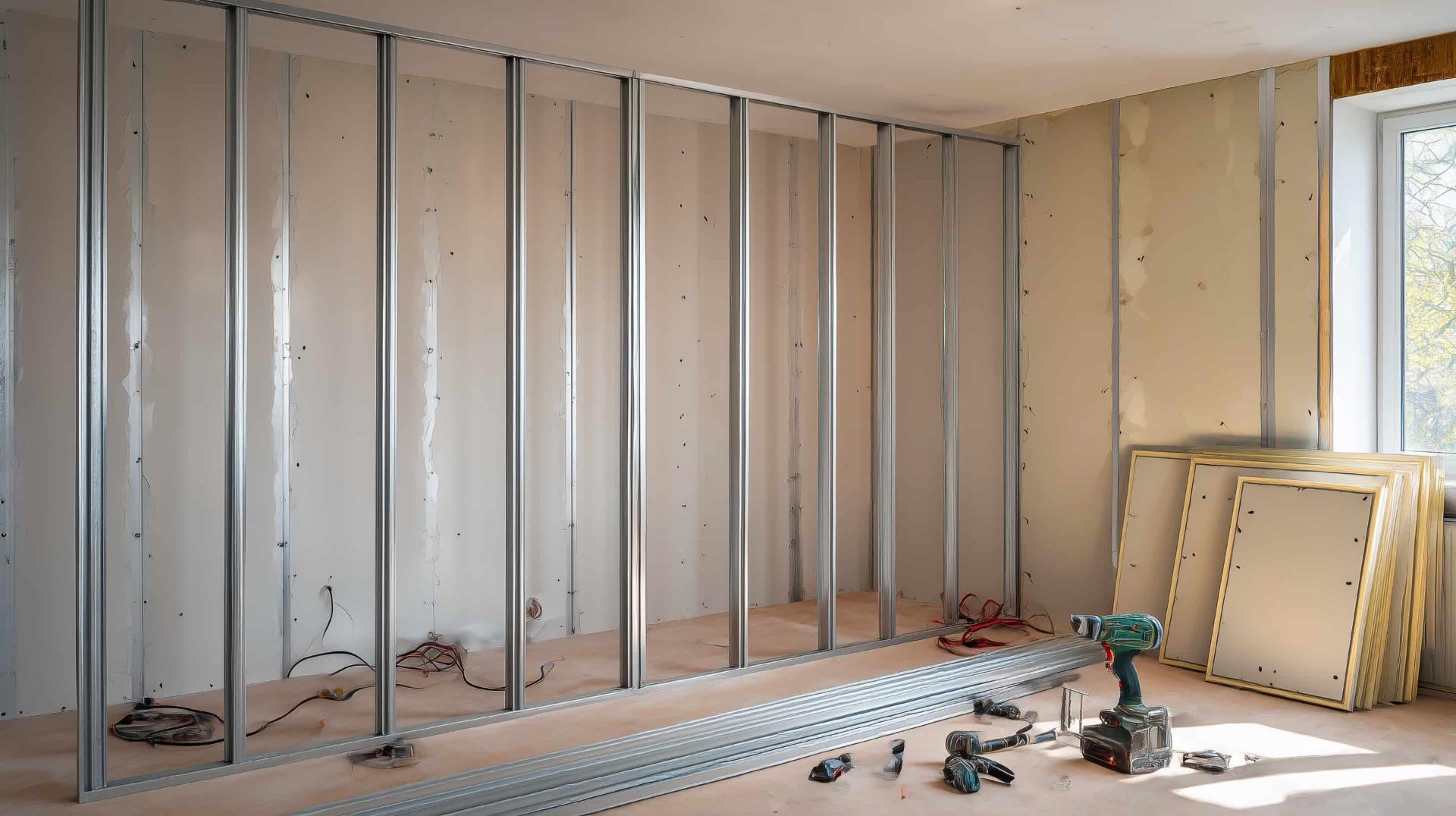 Rakennusmies asentaa kipsilevyväliseinää uudiskohteessa